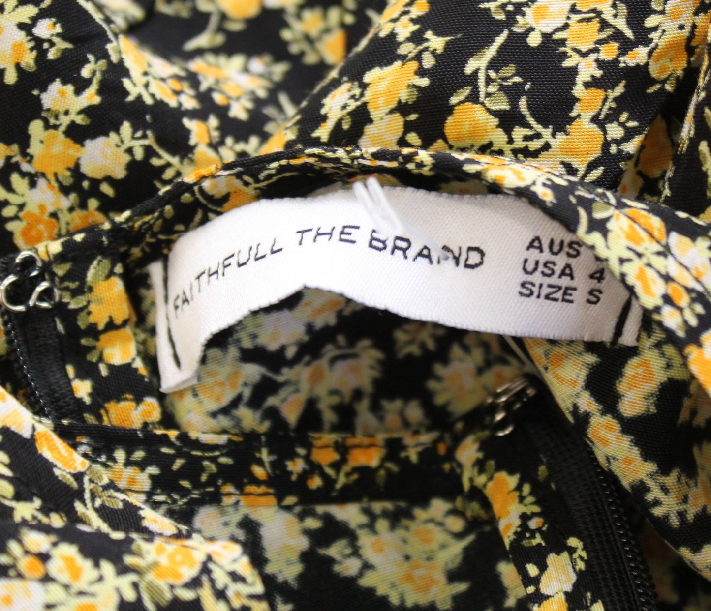 Faithfull the Brand Yellow Black Floral Ruffle Hem Tie Waist Mini Dress Size 4