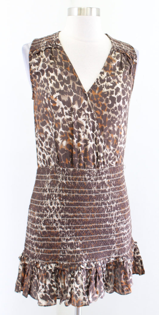 Veronica Beard Cox Leopard Print Smocked Ruffle Flounce Mini Dress Size XS Brown