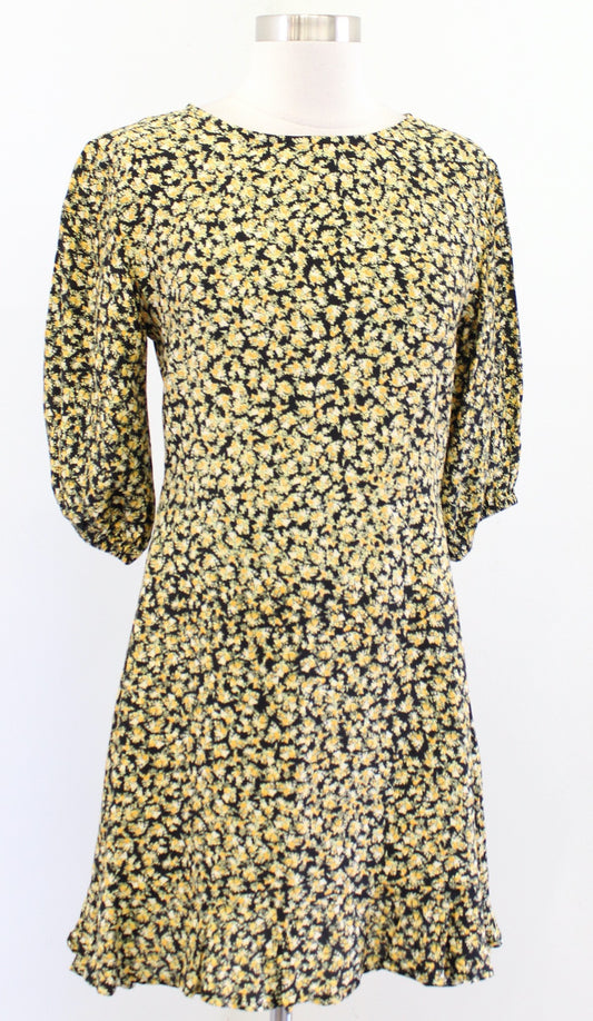 Faithfull the Brand Yellow Black Floral Ruffle Hem Tie Waist Mini Dress Size 4
