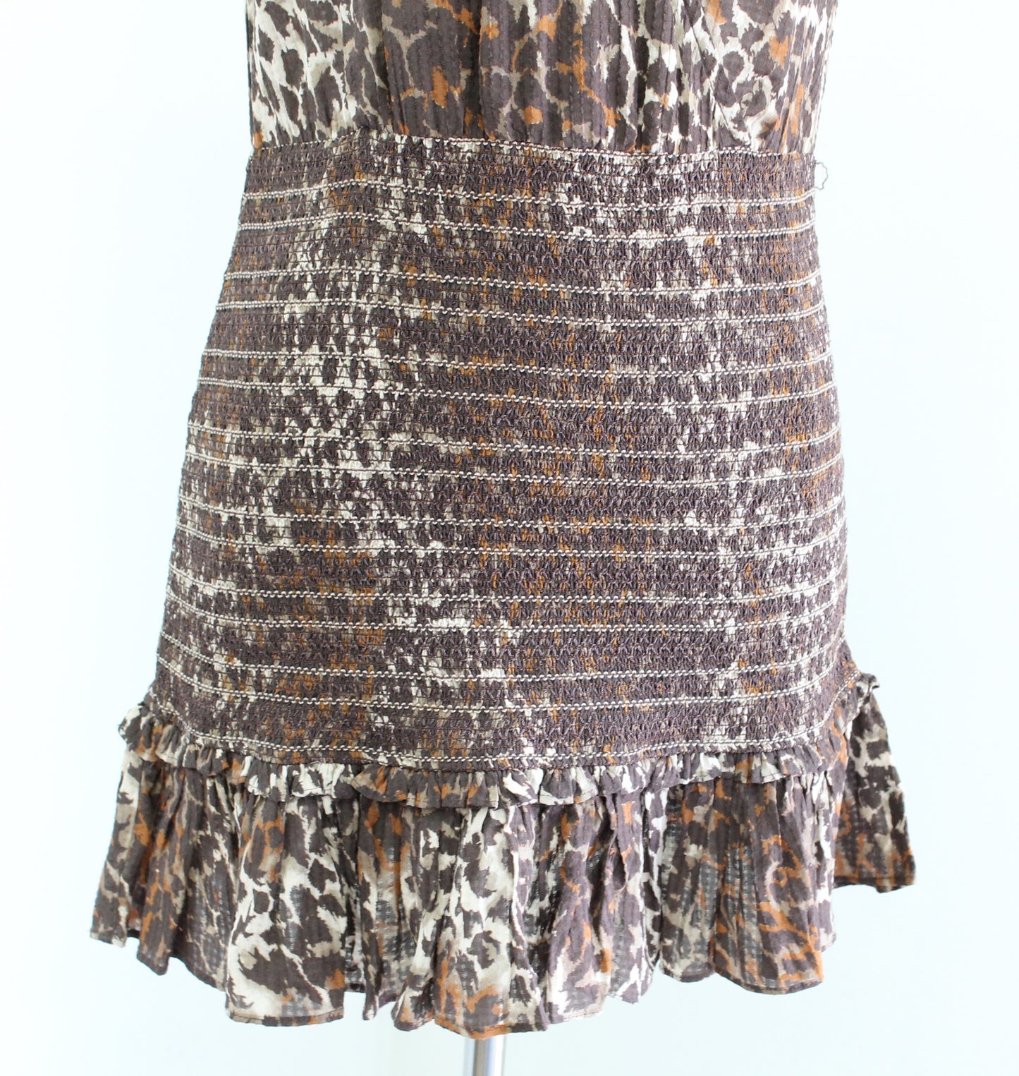 Veronica Beard Cox Leopard Print Smocked Ruffle Flounce Mini Dress Size XS Brown