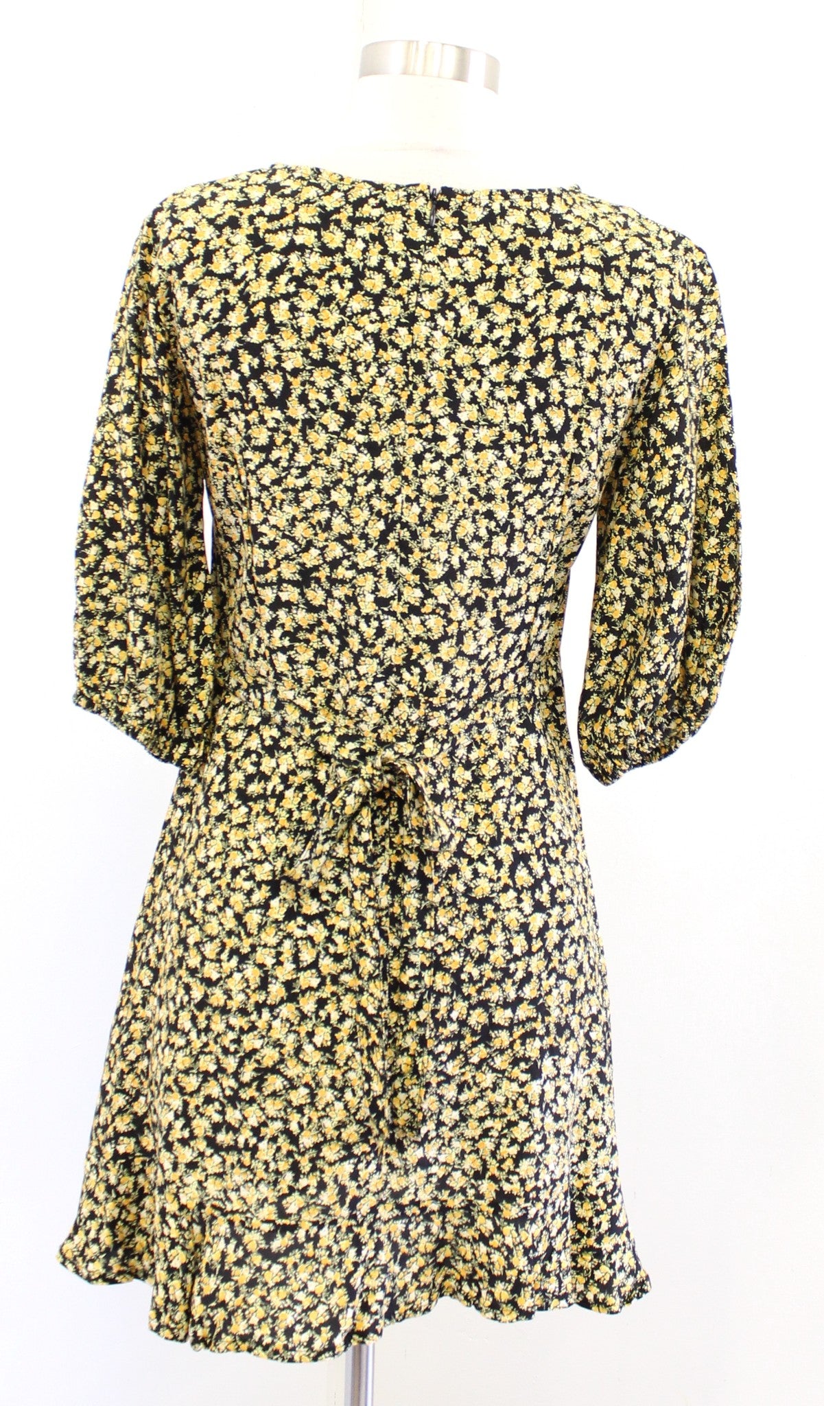Faithfull the Brand Yellow Black Floral Ruffle Hem Tie Waist Mini Dress Size 4