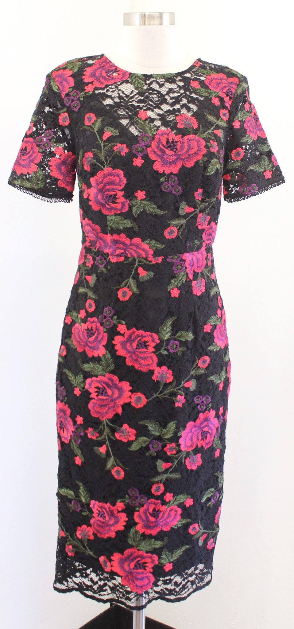 Trina Turk Black Floral Embroidered Lace Short Sleeve Sheath Dress Size 2 Red