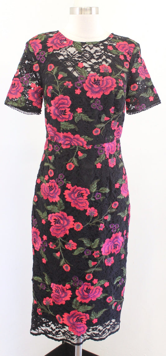 Trina Turk Black Floral Embroidered Lace Short Sleeve Sheath Dress Size 2 Red