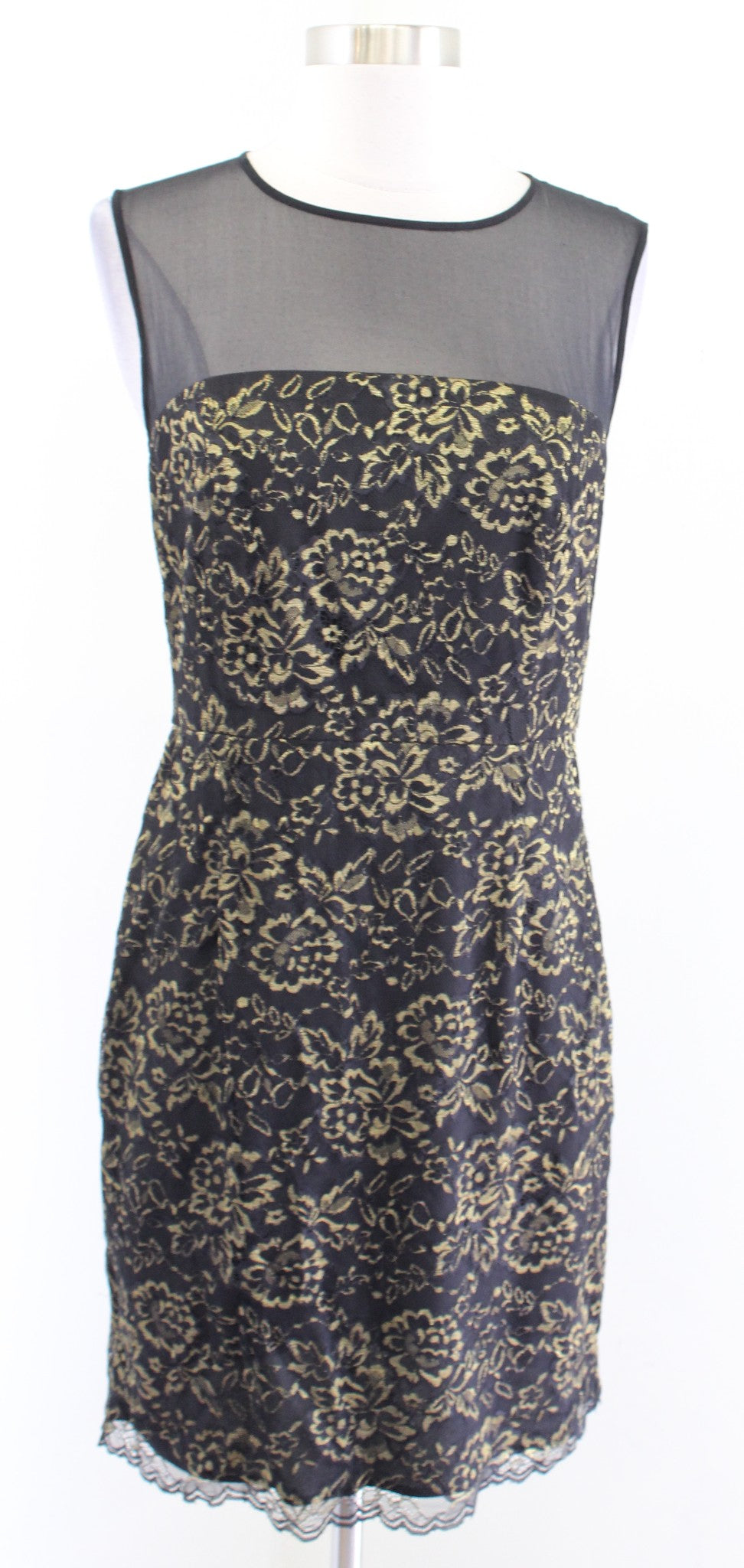 Diane Von Furstenberg Nisha Black Gold Metallic Floral Lace Mesh Dress Size 8