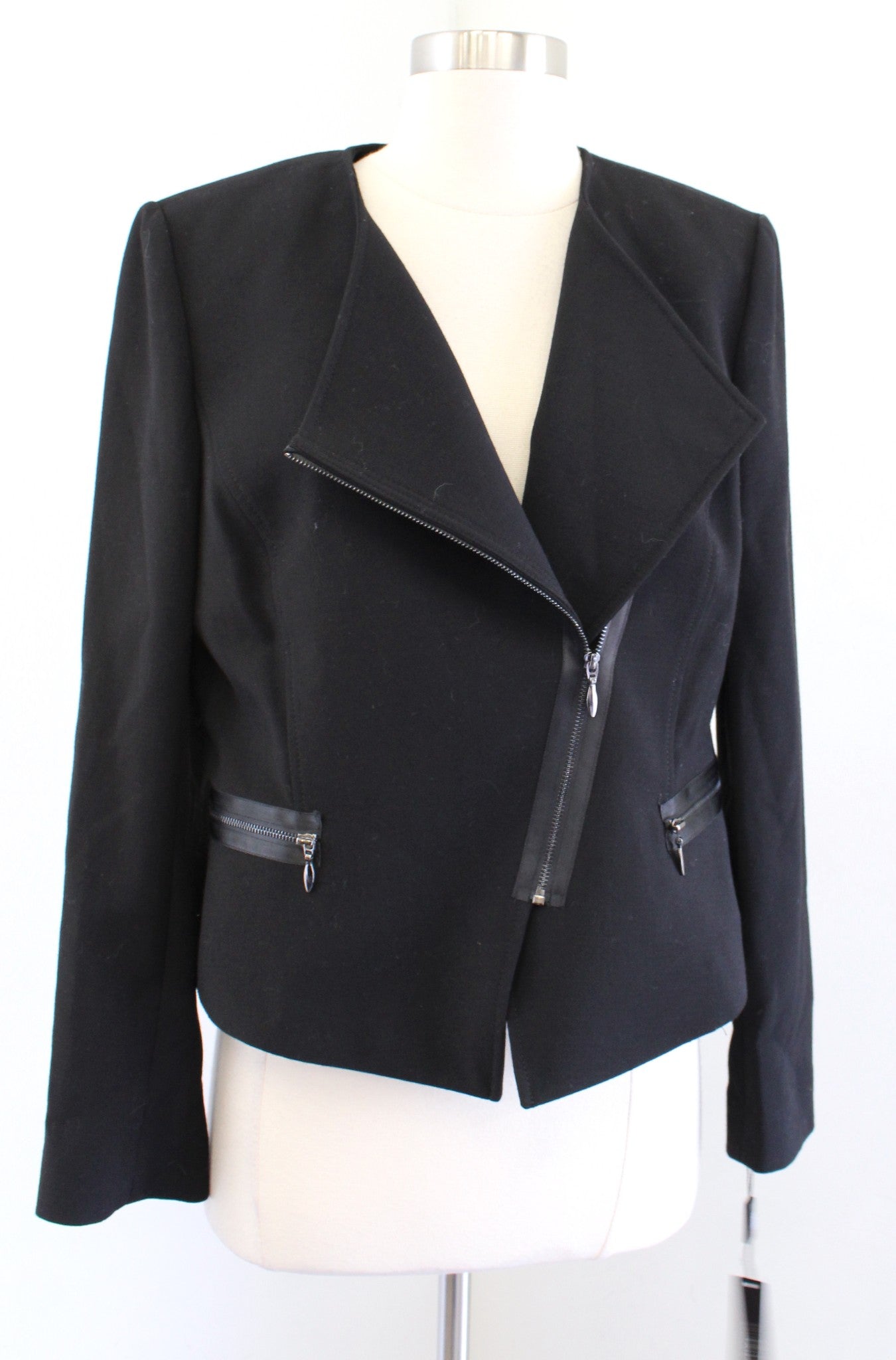 NWT Tahari ASL Levine Black Asymmetrical Zip Moto Style Blazer Jacket Size 8