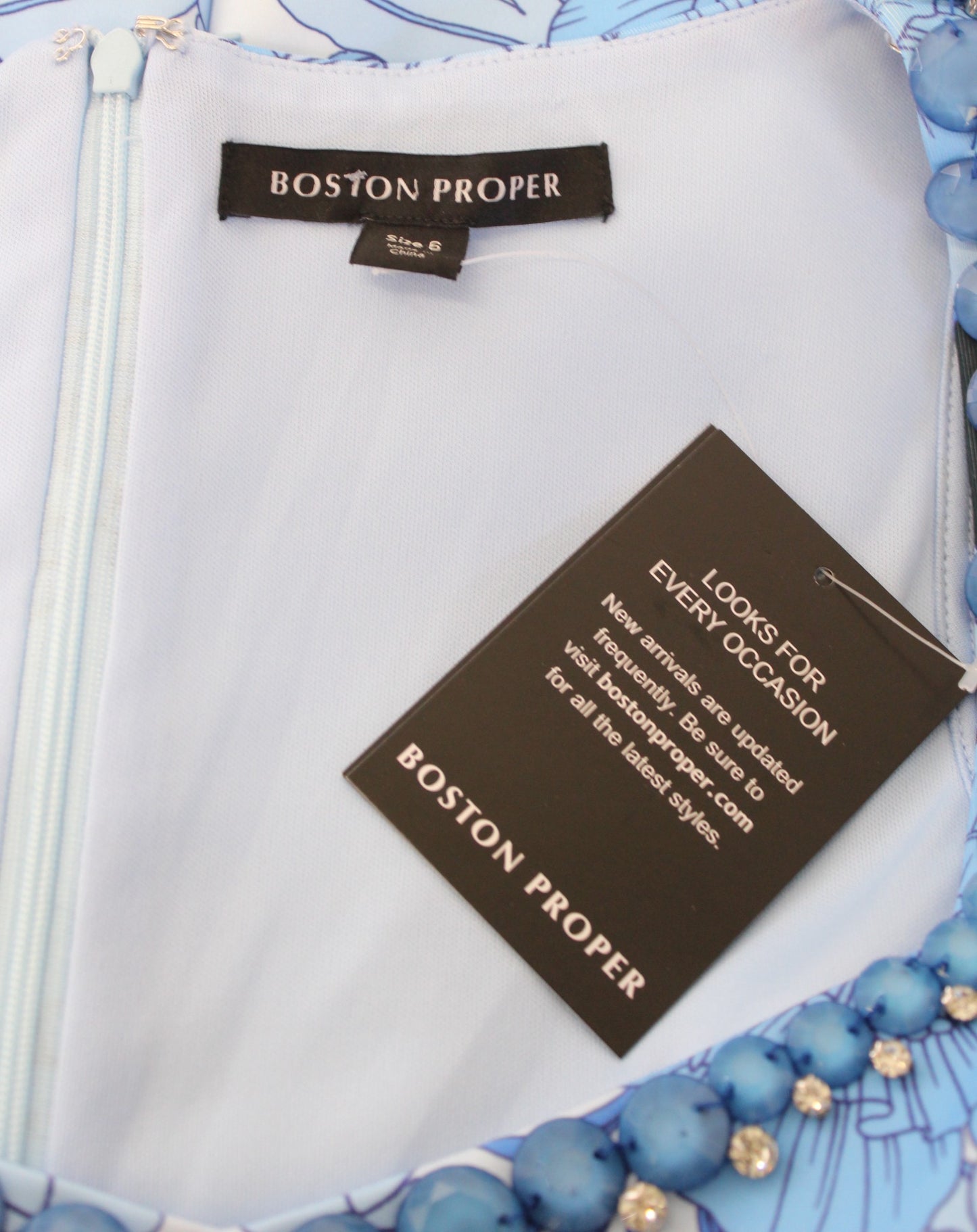 NWT Boston Proper Blue Floral Print Beaded Embellished Scuba Sheath Dress Size 6