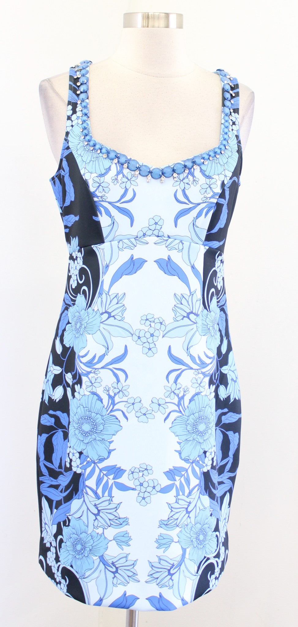 NWT Boston Proper Blue Floral Print Beaded Embellished Scuba Sheath Dress Size 6