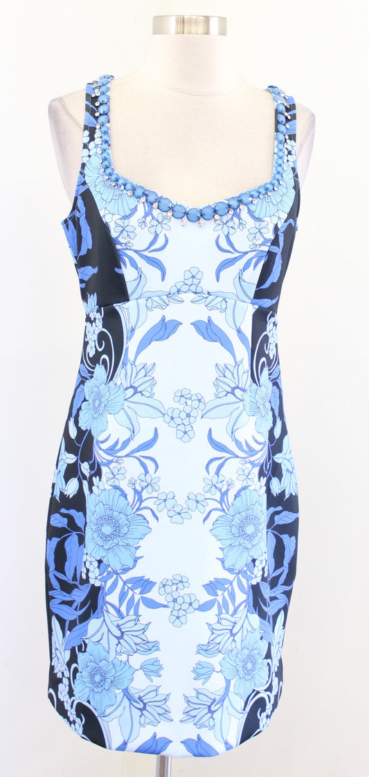 NWT Boston Proper Blue Floral Print Beaded Embellished Scuba Sheath Dress Size 6