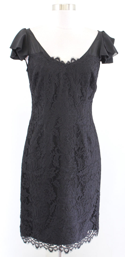 White House Black Market Black Lace Mesh Ruffle Sleeve Cocktail Party Dress Sz 4