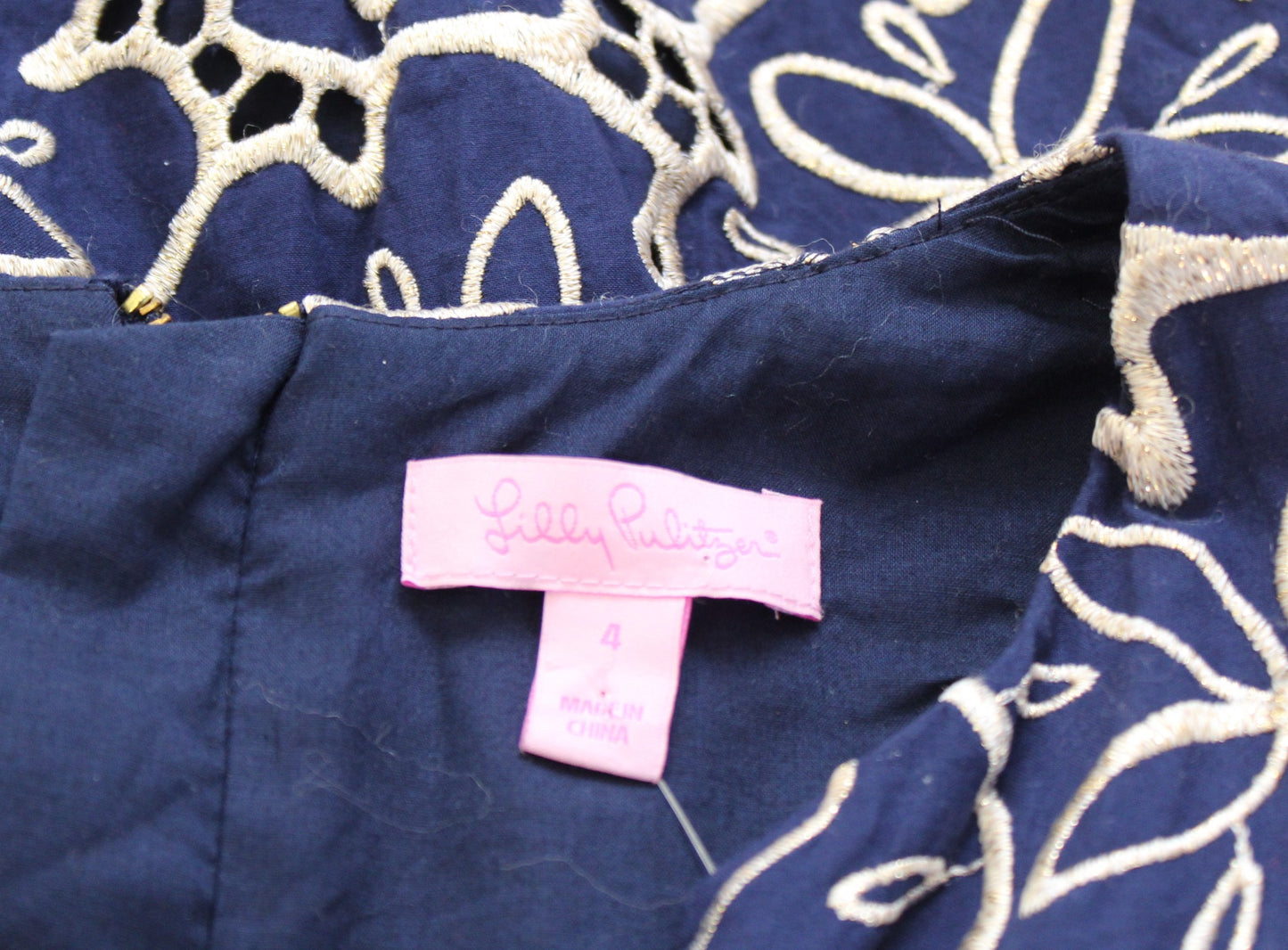 Lilly Pulitzer Augusta Navy Blue Gold Sand Dollar Embroidered Scalloped Dress 4