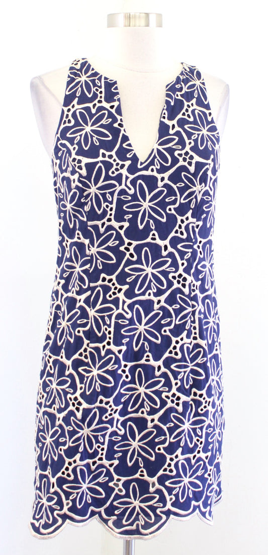 Lilly Pulitzer Augusta Navy Blue Gold Sand Dollar Embroidered Scalloped Dress 4