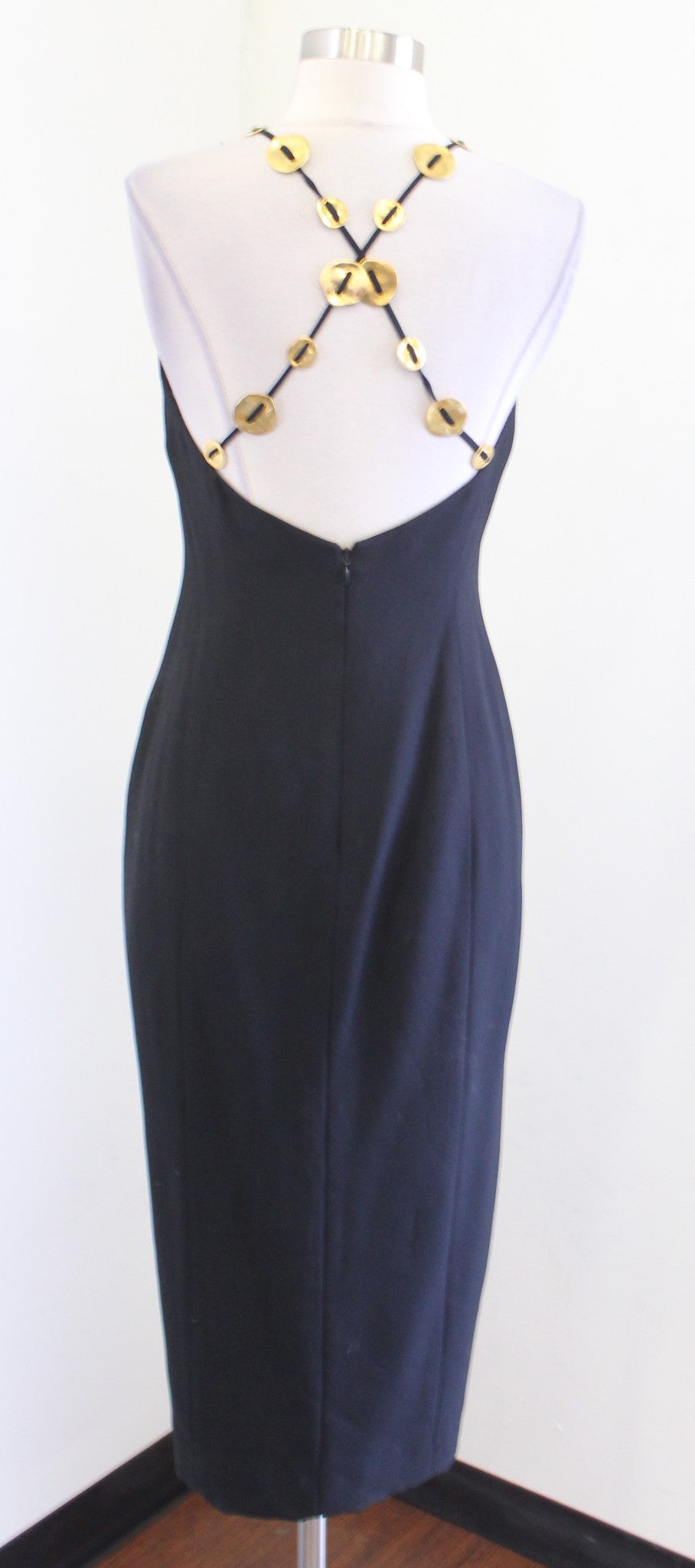 NWT Deadstock Vtg 90s Black Gold Metal Strappy Midi Maxi Dress Size 8 / XS S ?