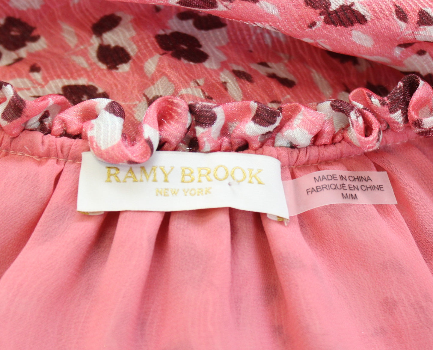 Ramy Brook Penelope Pink Ruffled Smocked Floral Dress Size M Long Sleeve V Neck