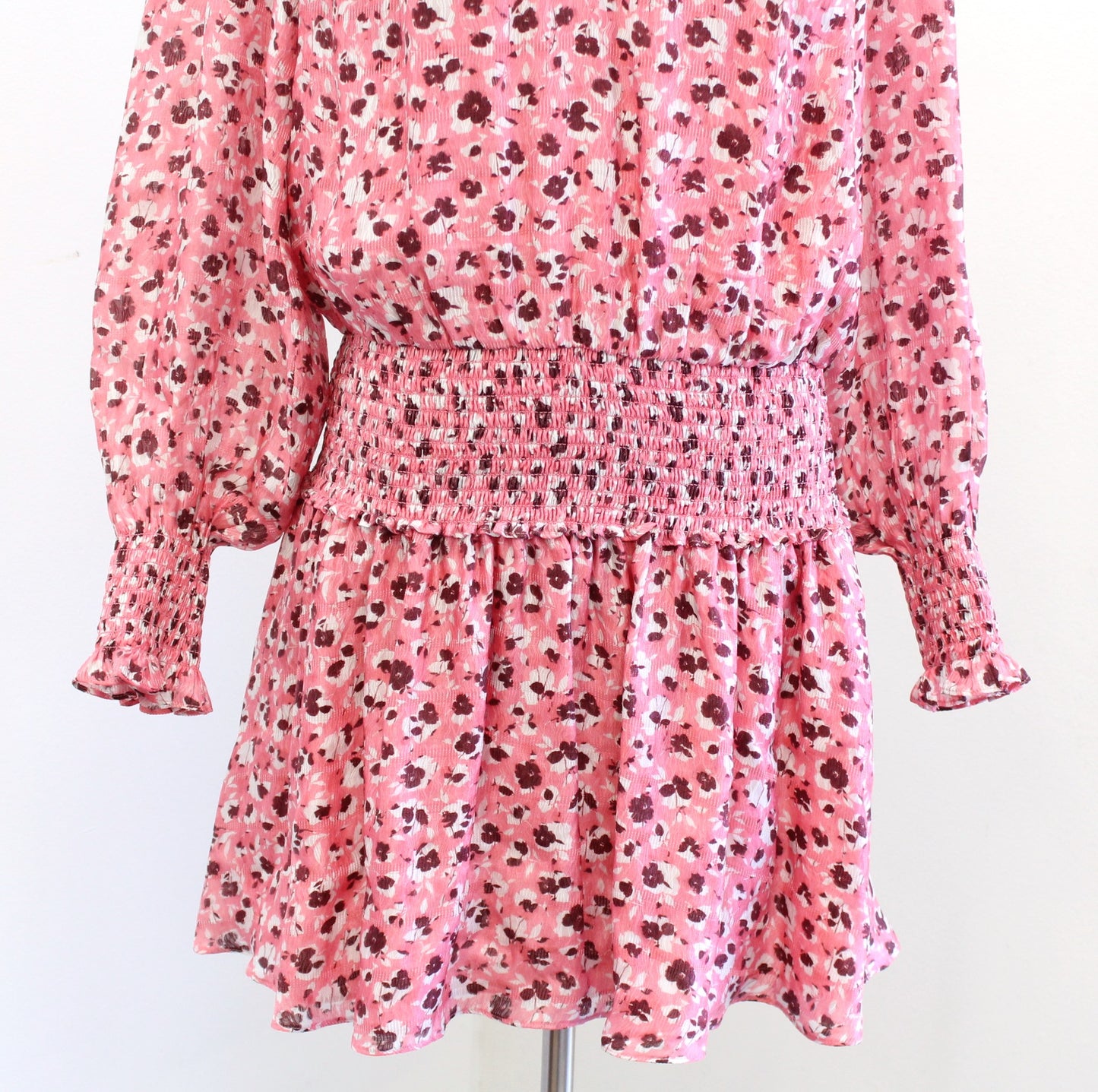 Ramy Brook Penelope Pink Ruffled Smocked Floral Dress Size M Long Sleeve V Neck