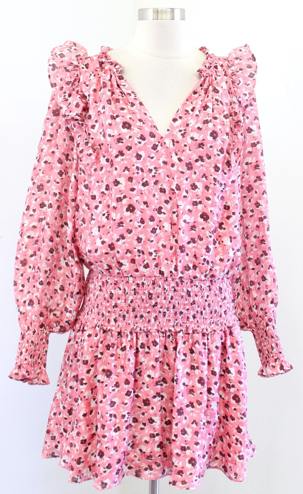 Ramy Brook Penelope Pink Ruffled Smocked Floral Dress Size M Long Sleeve V Neck