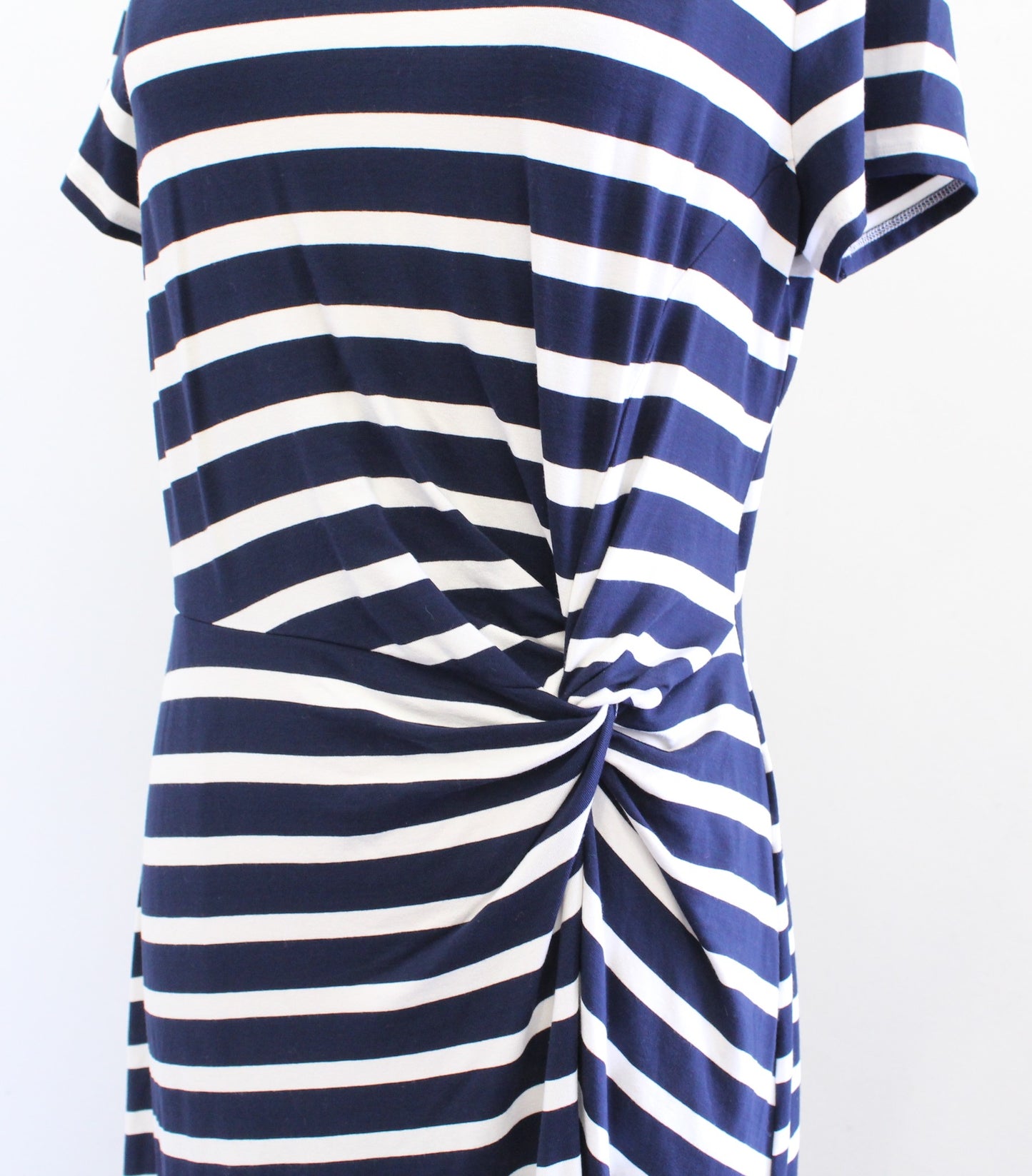 NWT Ann Taylor Loft Navy Blue White Striped Twist Ruched Shift Dress Jersey Sz M