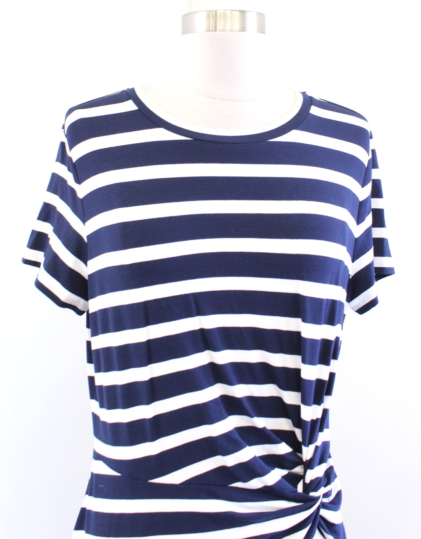 NWT Ann Taylor Loft Navy Blue White Striped Twist Ruched Shift Dress Jersey Sz M