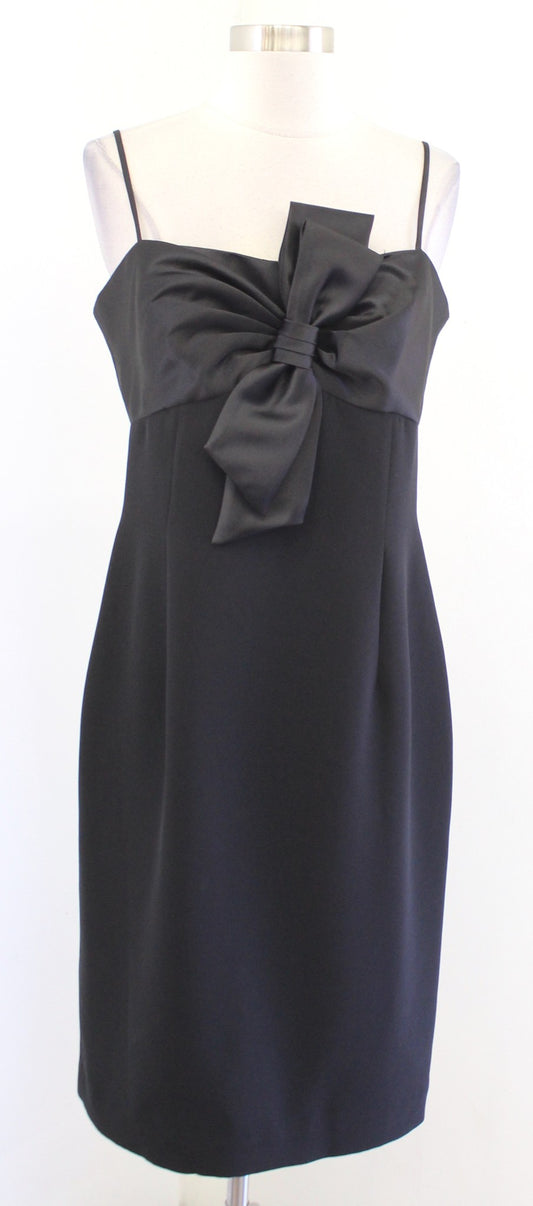 Vtg 90s Black Satin Contrast Big Bow Cocktail Party Dress Size 10 - 6 M ? Sheath