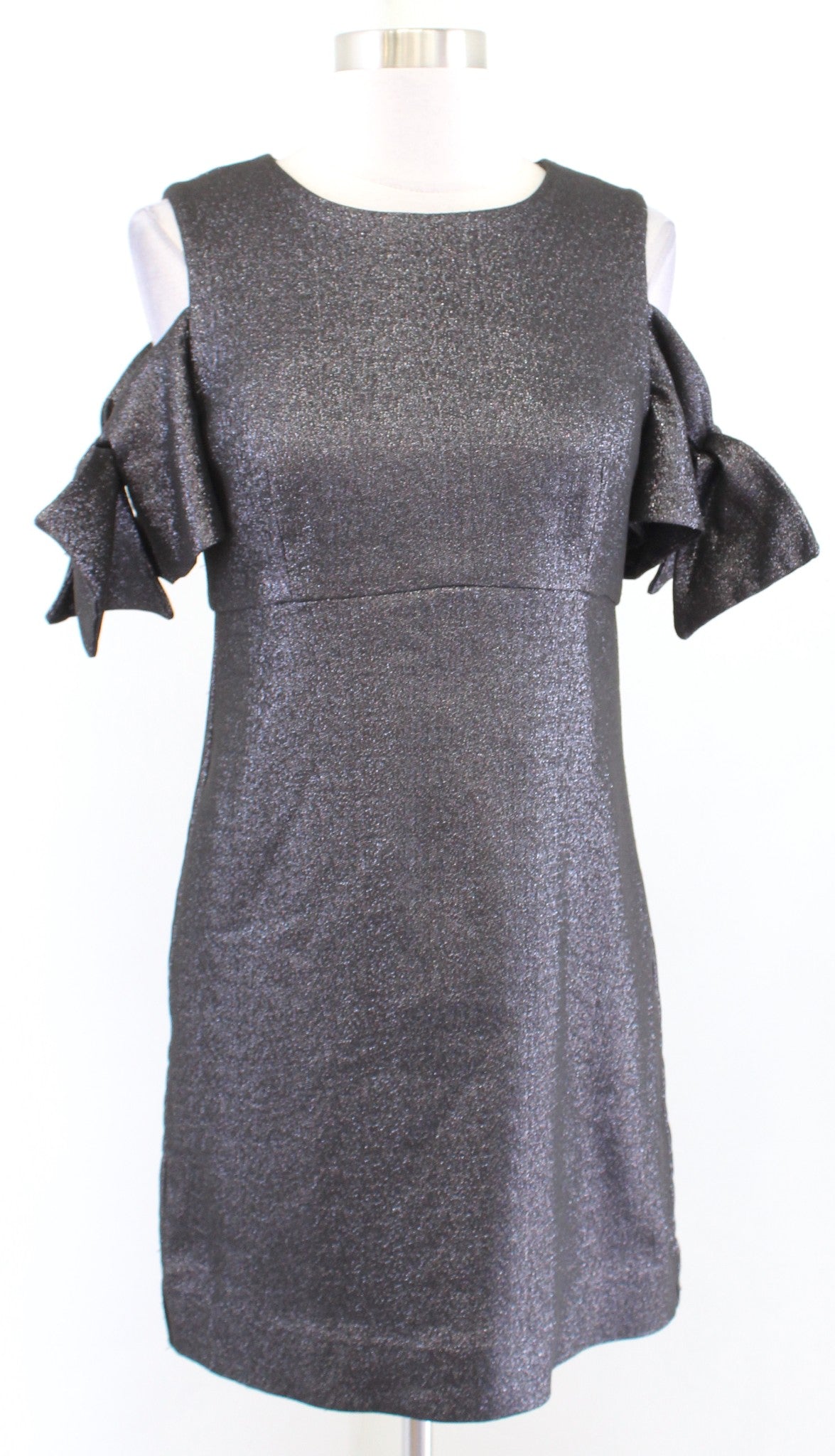 MILLY Black Silver Metallic Shimmer Bow Cold Shoulder Mini Dress Size 4 Party