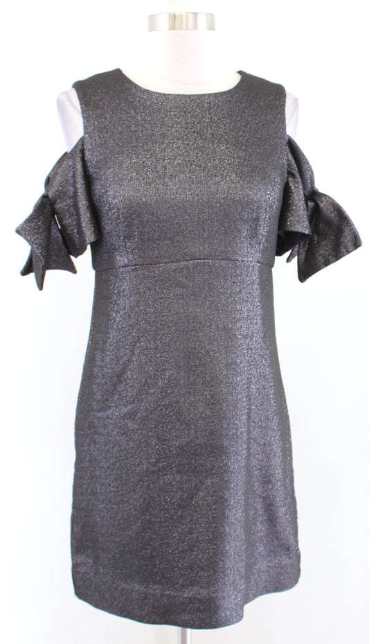MILLY Black Silver Metallic Shimmer Bow Cold Shoulder Mini Dress Size 4 Party