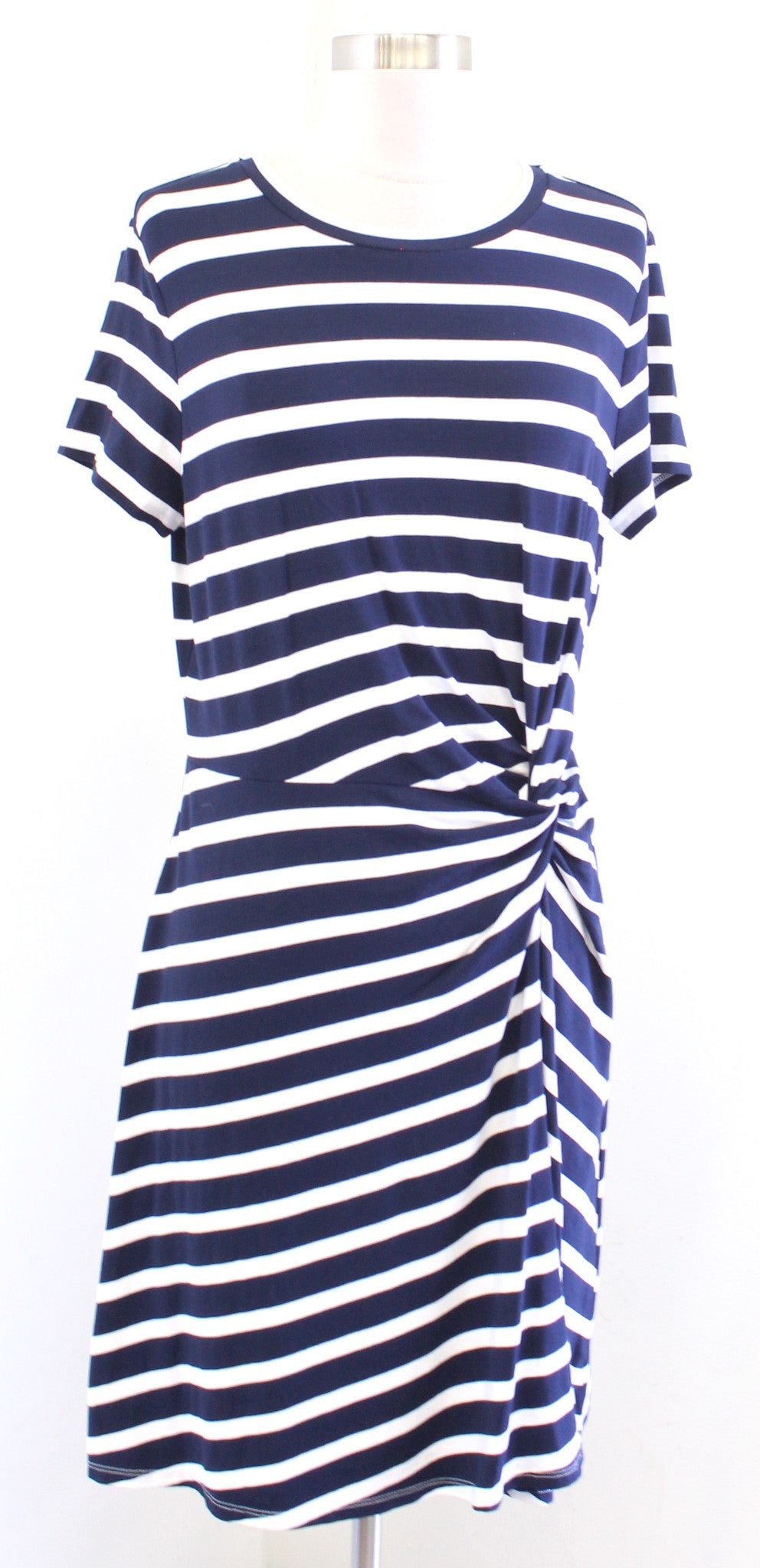 NWT Ann Taylor Loft Navy Blue White Striped Twist Ruched Shift Dress Jersey Sz M