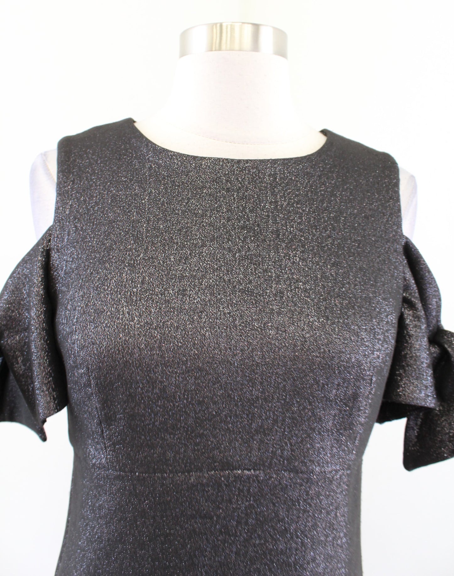 MILLY Black Silver Metallic Shimmer Bow Cold Shoulder Mini Dress Size 4 Party