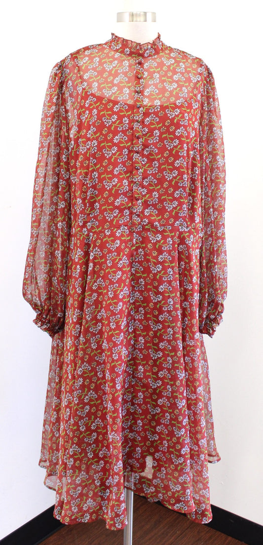 Unique Vintage Burnt Orange Daisy Floral Print Leona Swing Dress Size 18 2x