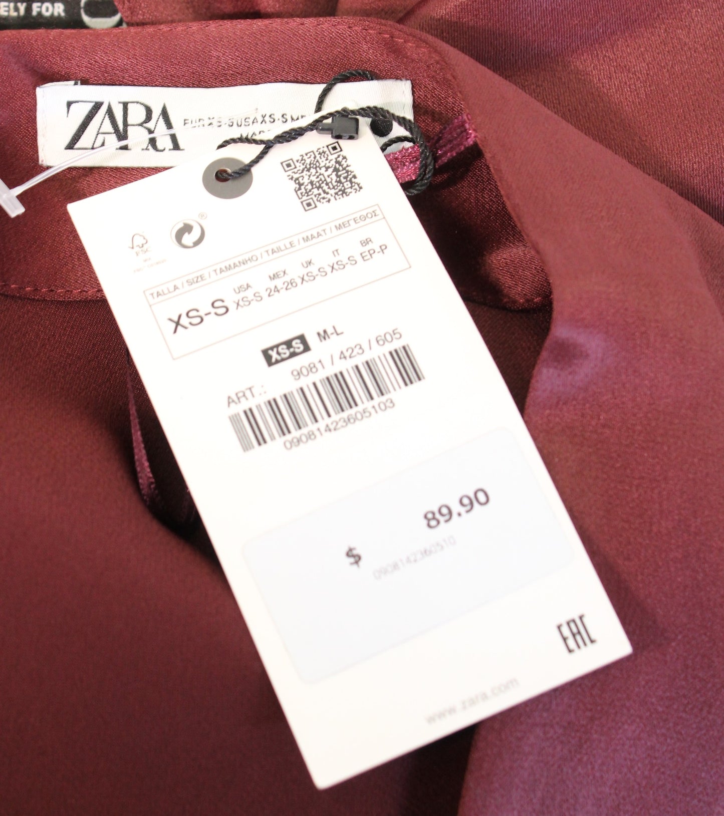 NWT Zara Womens Maroon Satin Effect Kaftan Dress Midi Maxi Size XS / S Boho