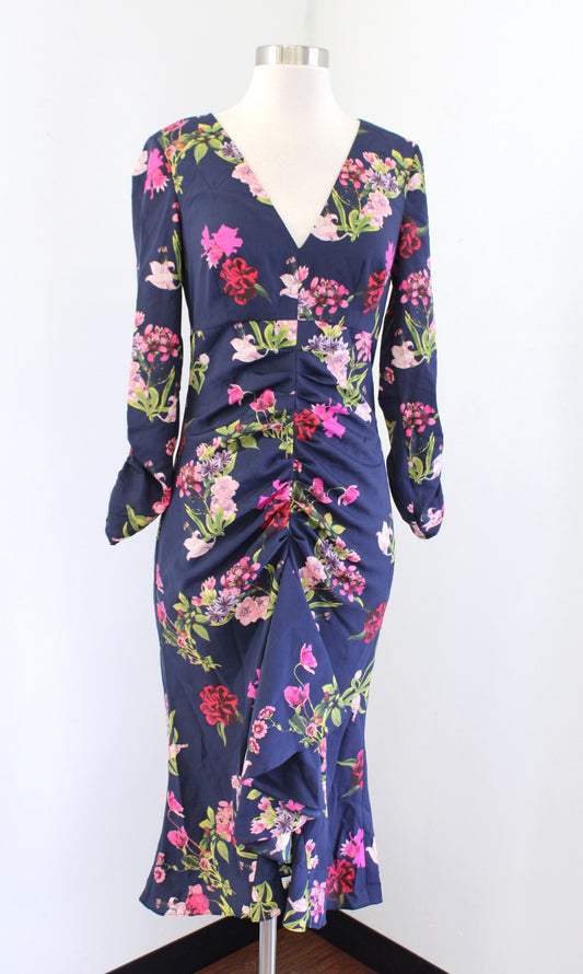 Eliza J Blue Floral Print Ruched Midi Dress Size 2 V Neck Gathered Cocktail