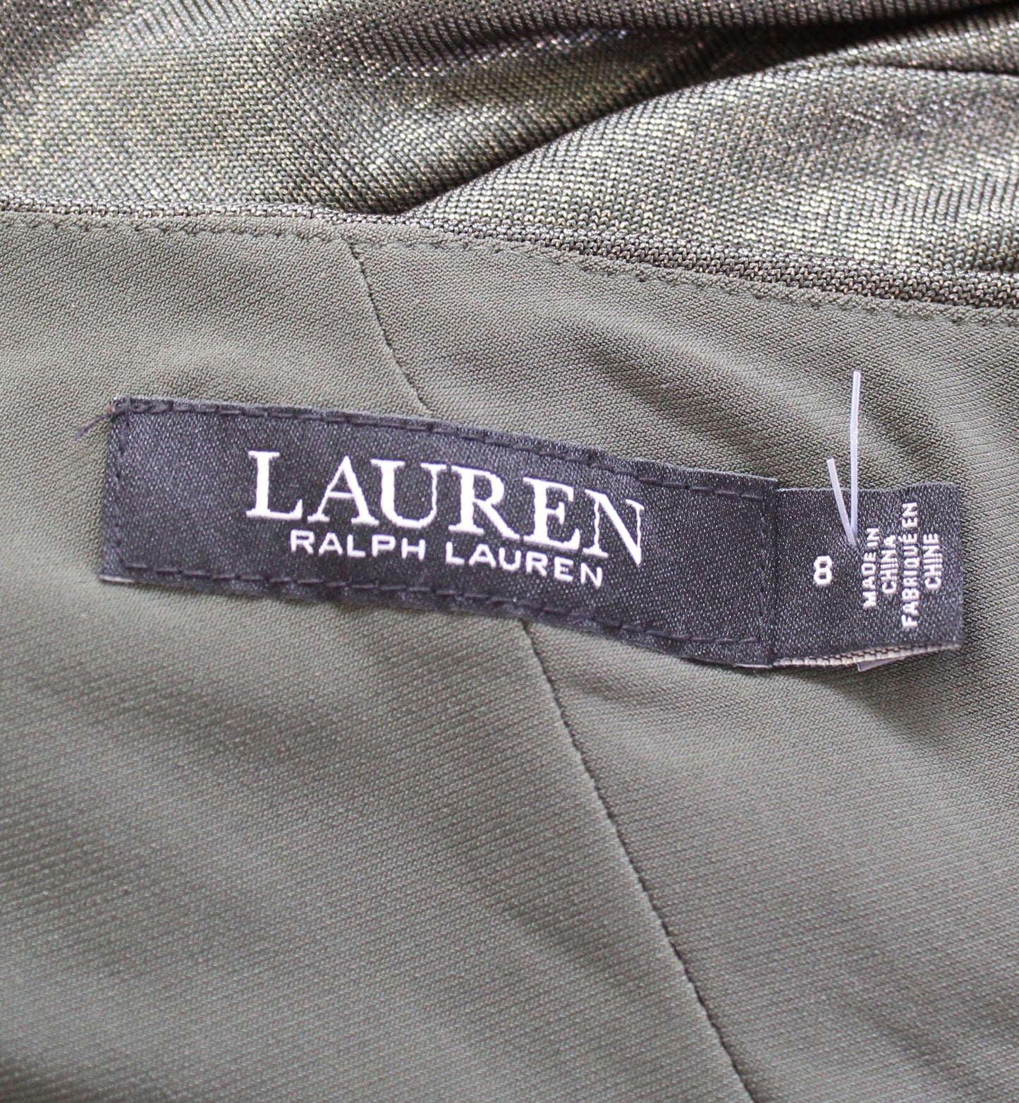 Lauren Ralph Lauren Olive Green Shimmer Metallic Ruched One Shoulder Dress Sz 8