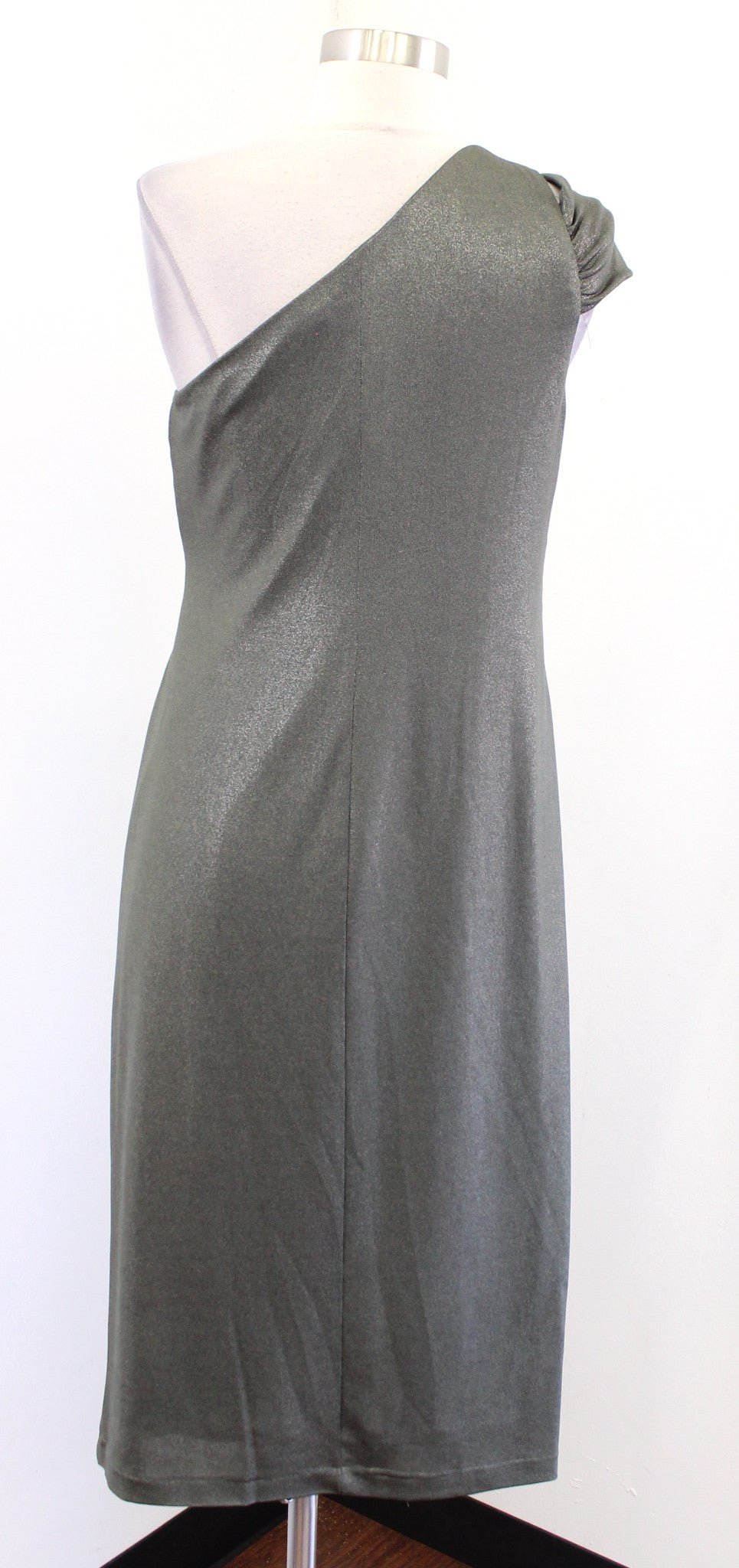 Lauren Ralph Lauren Olive Green Shimmer Metallic Ruched One Shoulder Dress Sz 8
