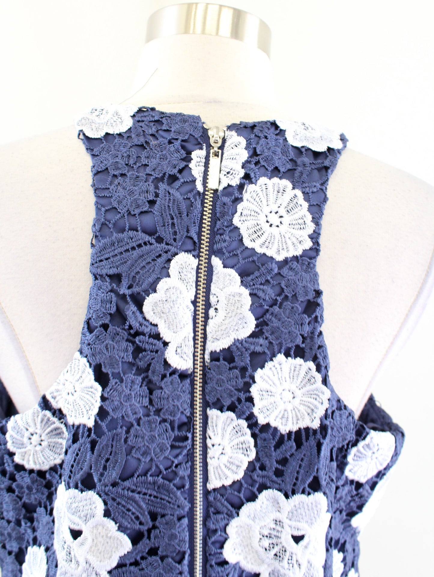 Eliza J Navy Blue White Floral Lace Racerback Sheath Dress Size 12 Cocktail
