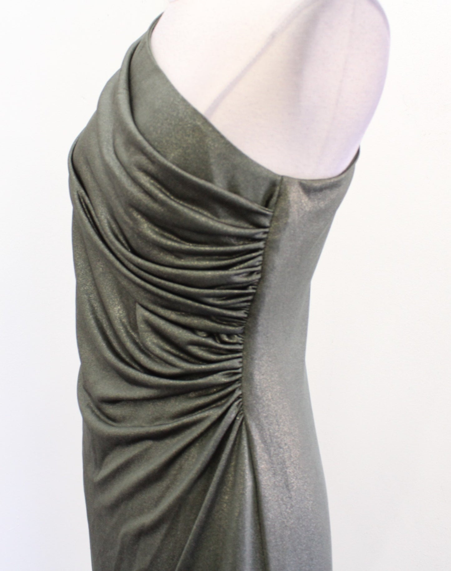 Lauren Ralph Lauren Olive Green Shimmer Metallic Ruched One Shoulder Dress Sz 8