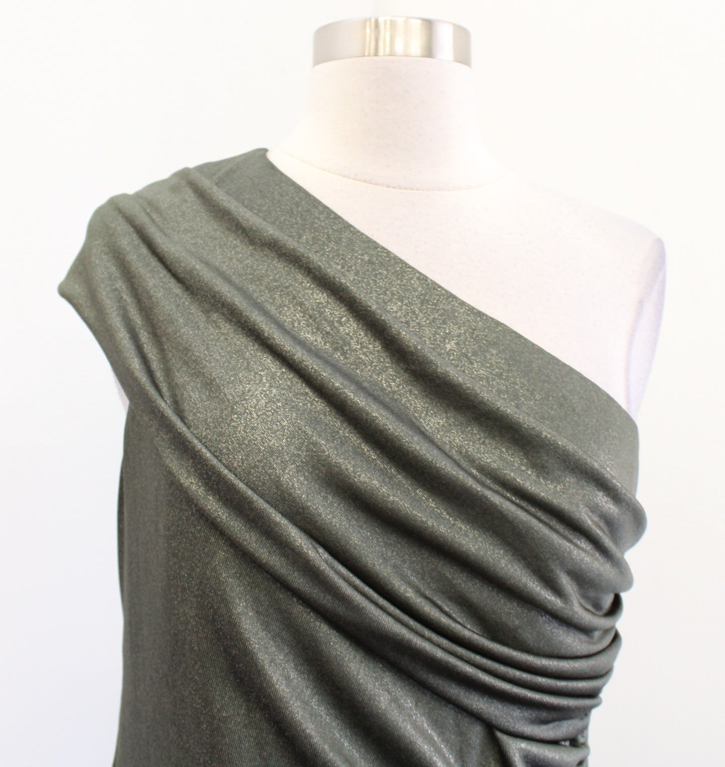 Lauren Ralph Lauren Olive Green Shimmer Metallic Ruched One Shoulder Dress Sz 8