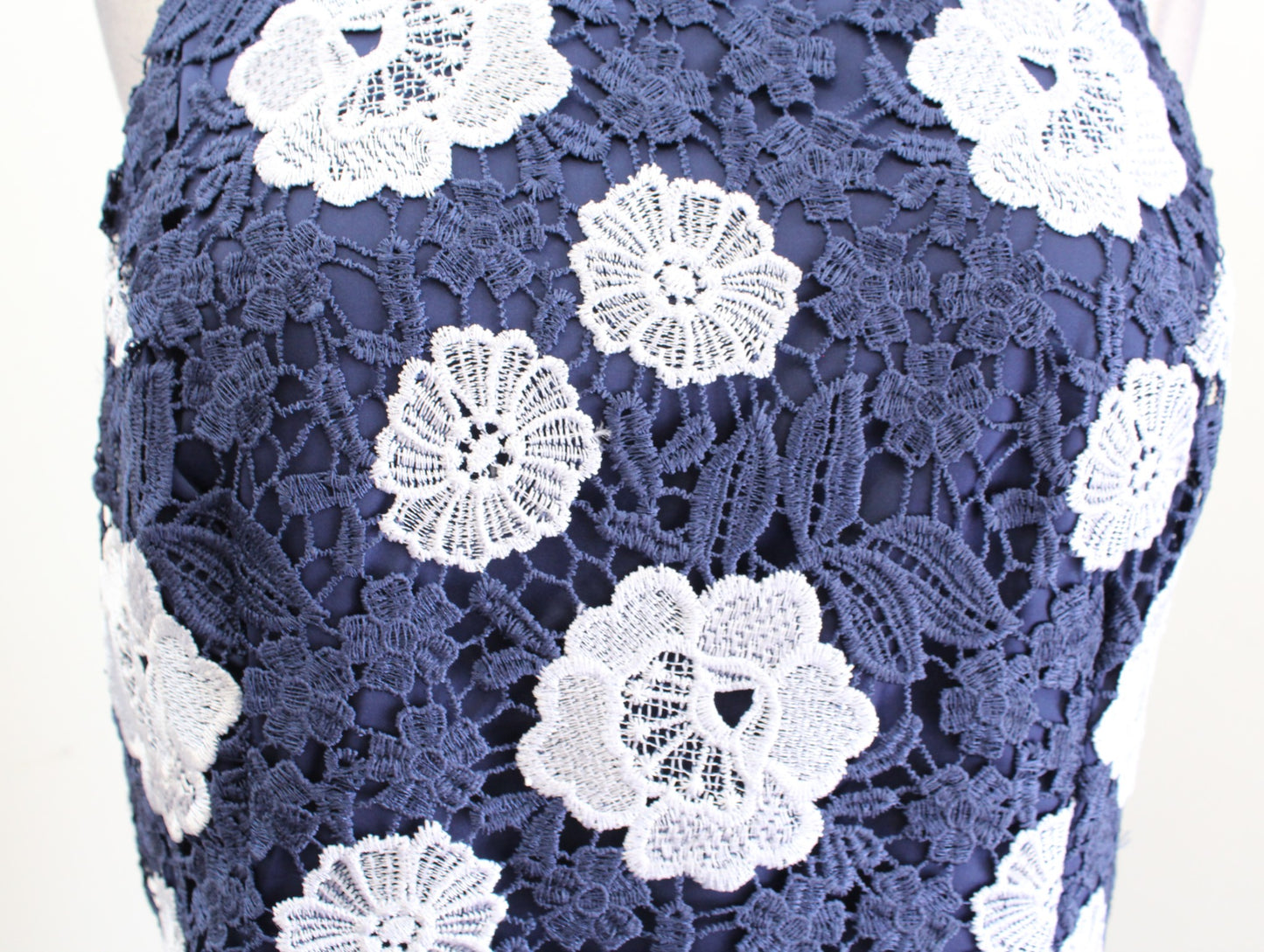 Eliza J Navy Blue White Floral Lace Racerback Sheath Dress Size 12 Cocktail