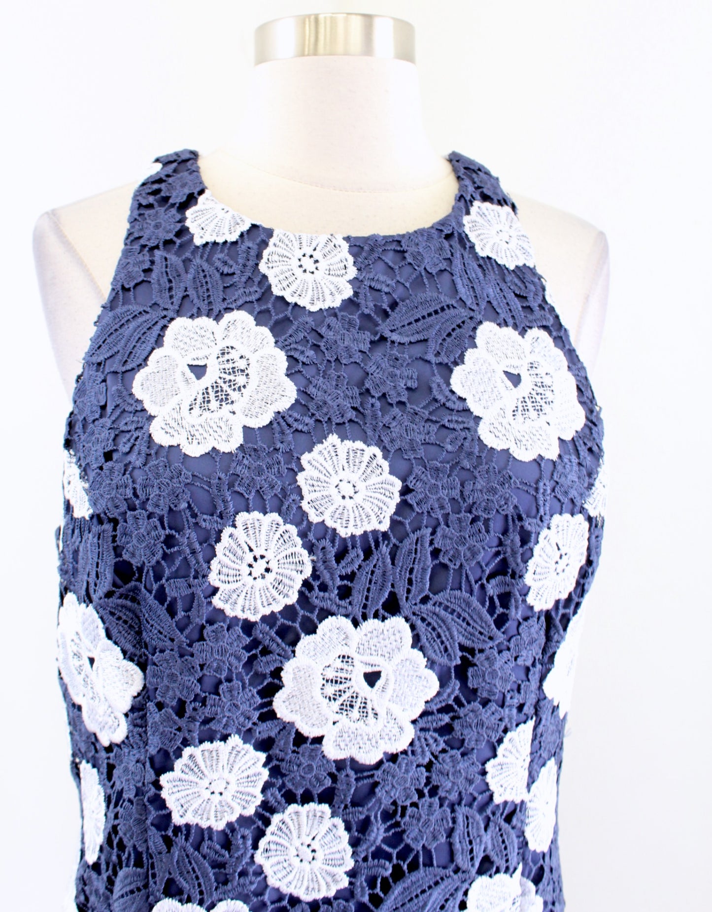 Eliza J Navy Blue White Floral Lace Racerback Sheath Dress Size 12 Cocktail