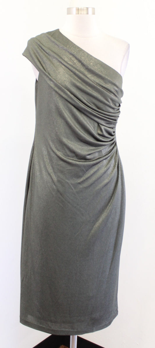Lauren Ralph Lauren Olive Green Shimmer Metallic Ruched One Shoulder Dress Sz 8