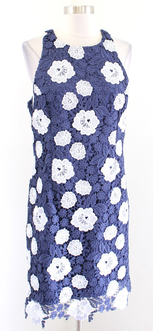 Eliza J Navy Blue White Floral Lace Racerback Sheath Dress Size 12 Cocktail