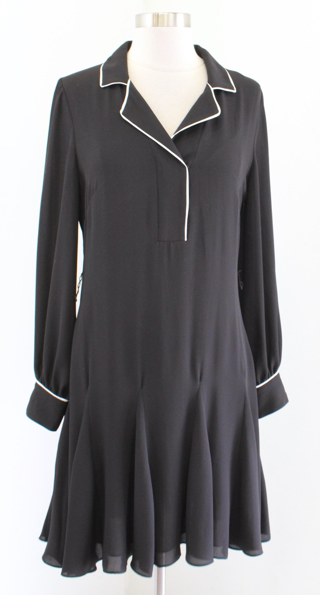 White House Black Market Black Tie Waist Contrast Trim Godet Shirt Dress Size 4