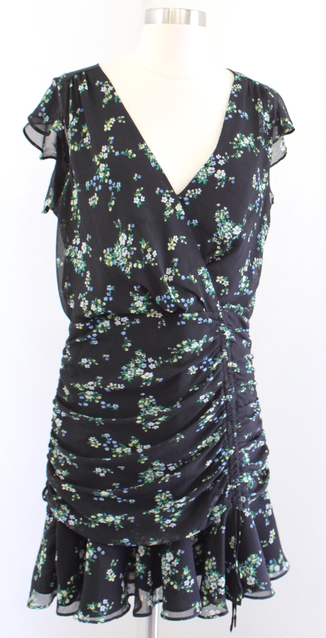 Banana Republic Black Floral Print Ruched Mini Dress Size 12P Flutter Green Blue