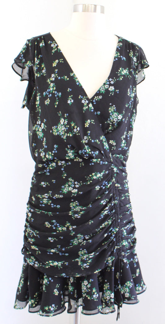 Banana Republic Black Floral Print Ruched Mini Dress Size 12P Flutter Green Blue