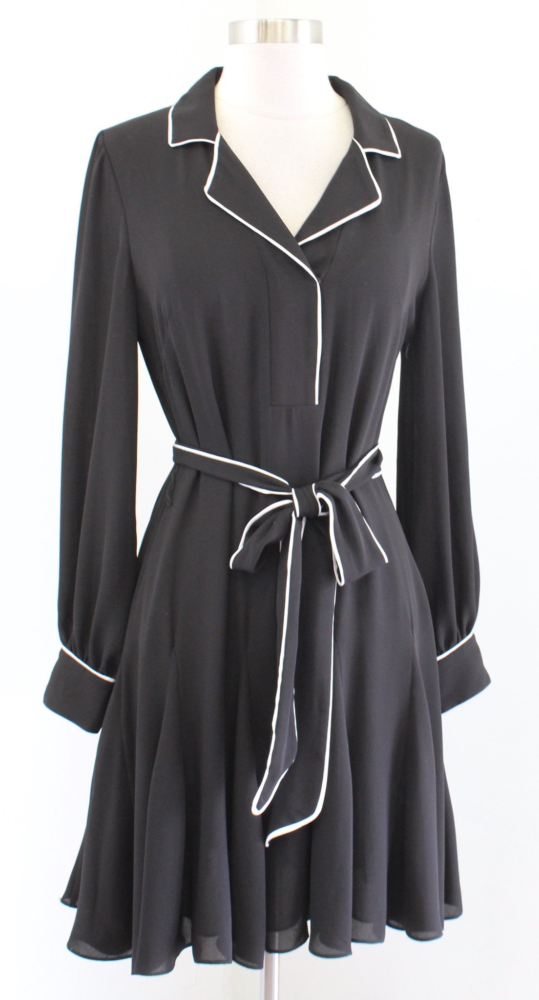 White House Black Market Black Tie Waist Contrast Trim Godet Shirt Dress Size 4