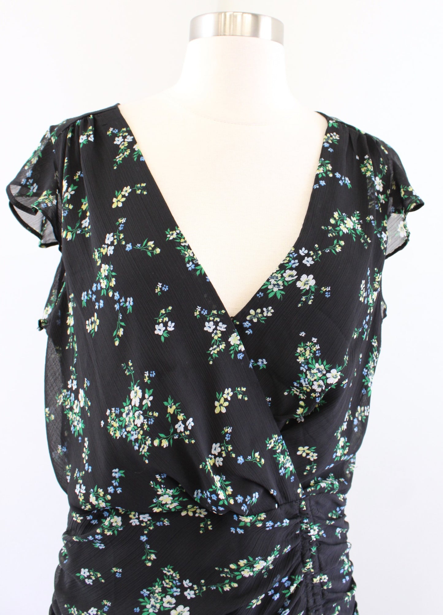 Banana Republic Black Floral Print Ruched Mini Dress Size 12P Flutter Green Blue