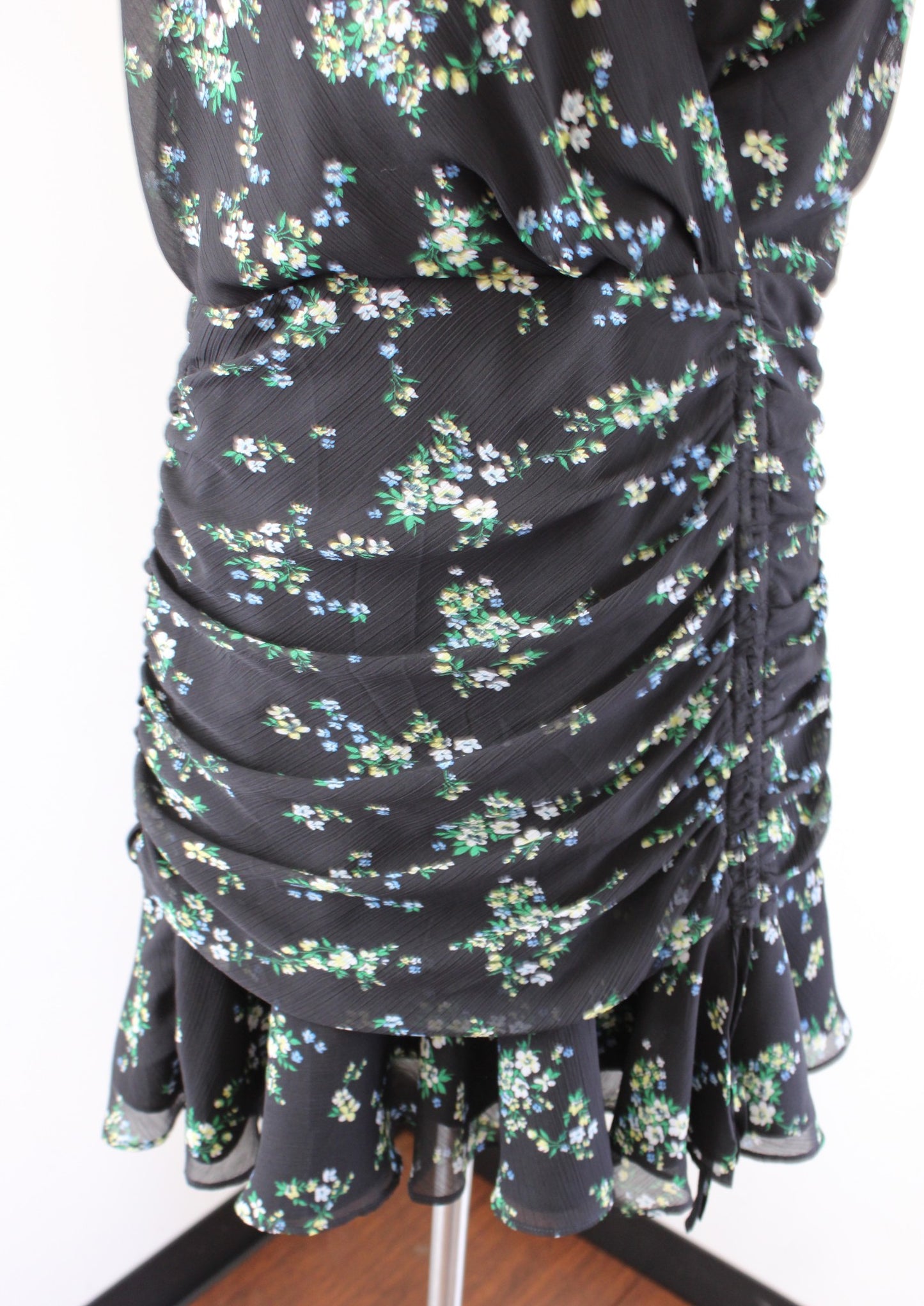 Banana Republic Black Floral Print Ruched Mini Dress Size 12P Flutter Green Blue