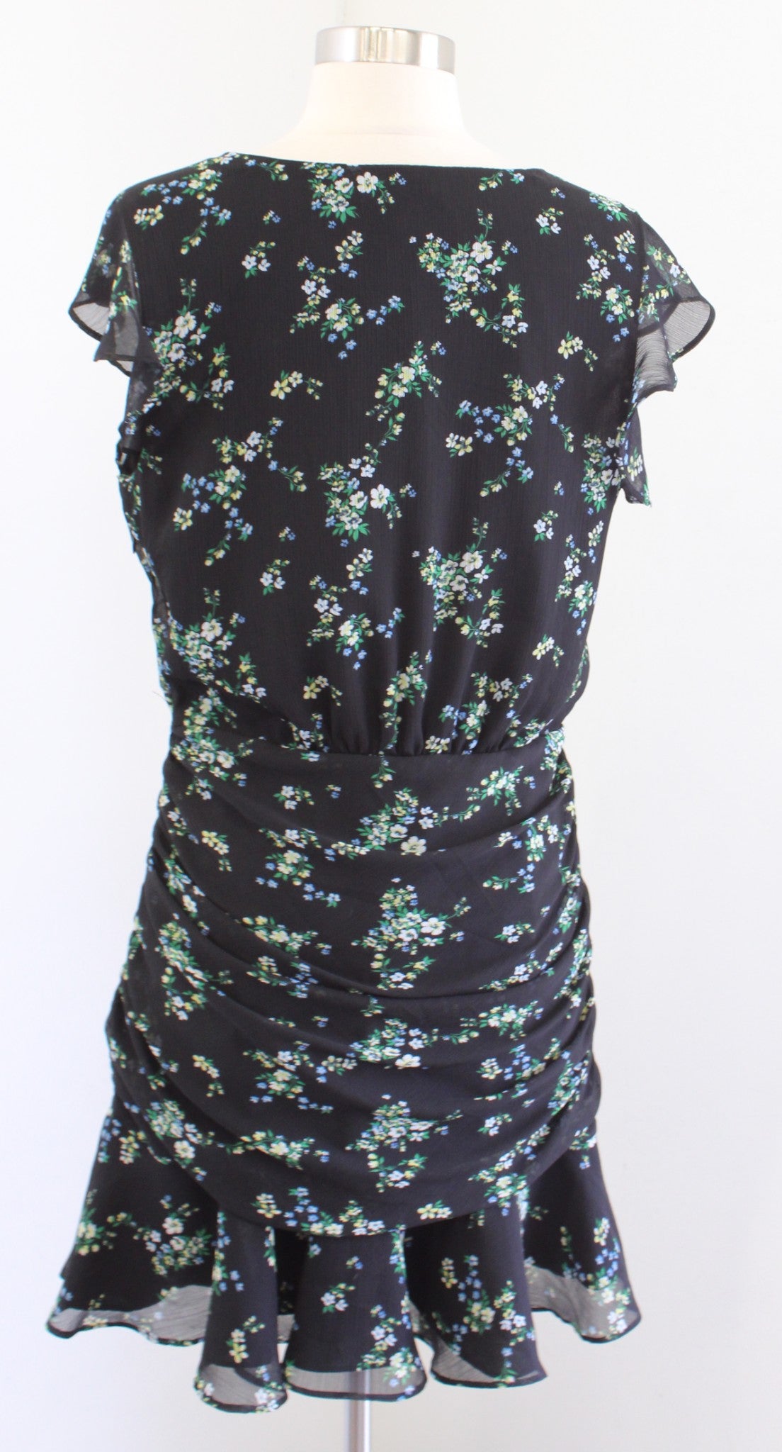 Banana Republic Black Floral Print Ruched Mini Dress Size 12P Flutter Green Blue
