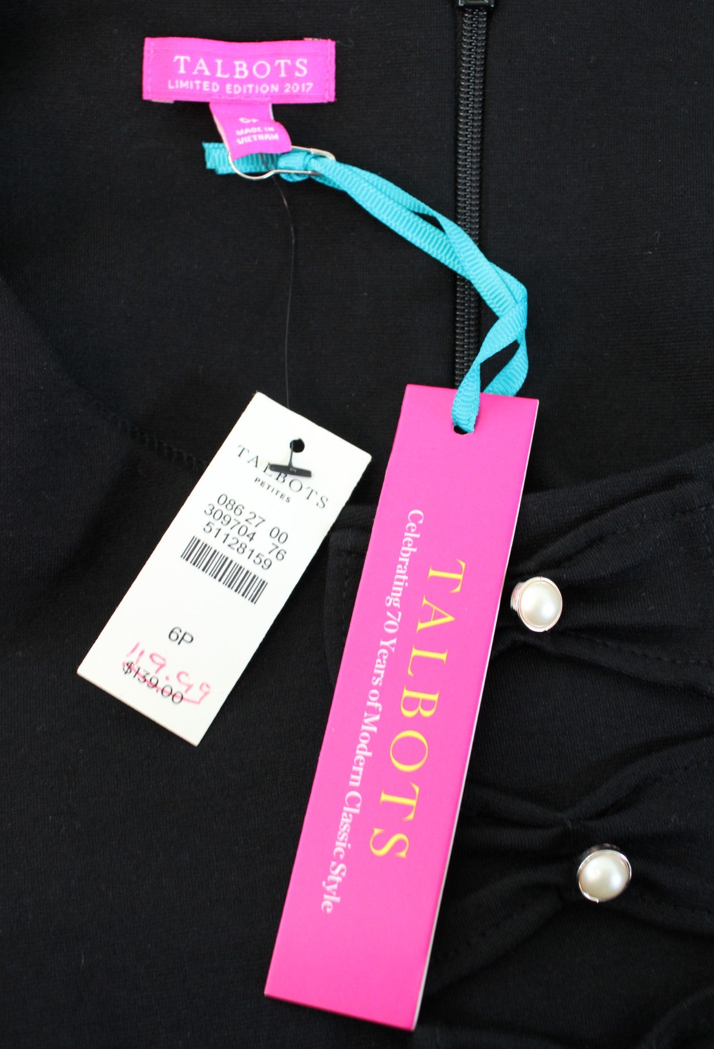 NWT Talbots Limited Edition Black Bow Pearl Accent 3/4 Sleeve Dress Size 6P Knit