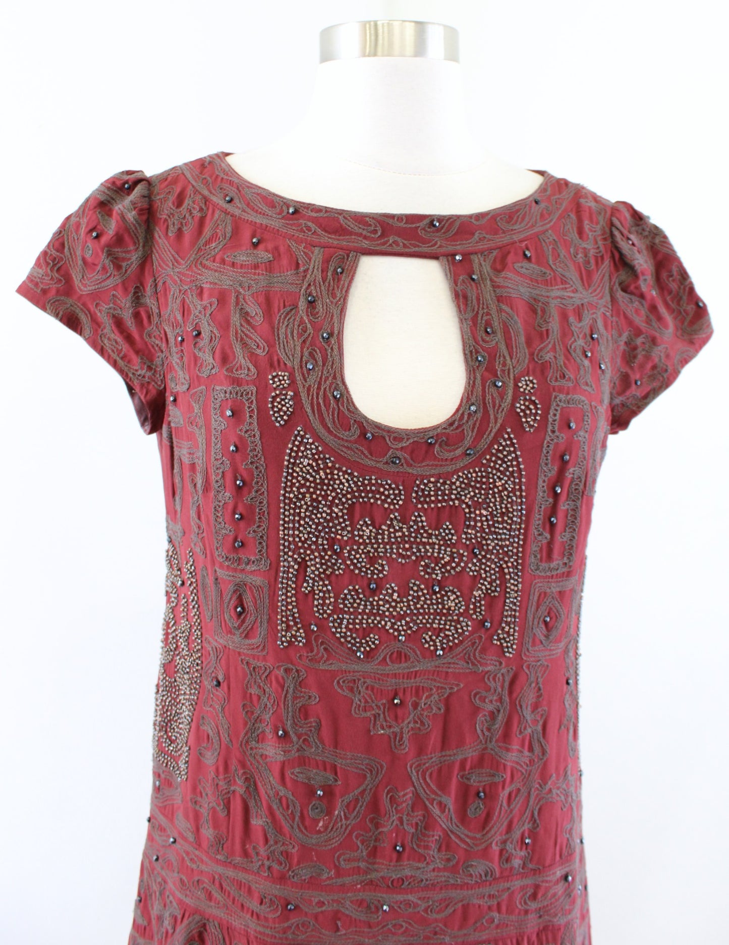 Nanette Lepore Red Embroidered Beaded Embellished Silk Shift Dress Keyhole Sz 6