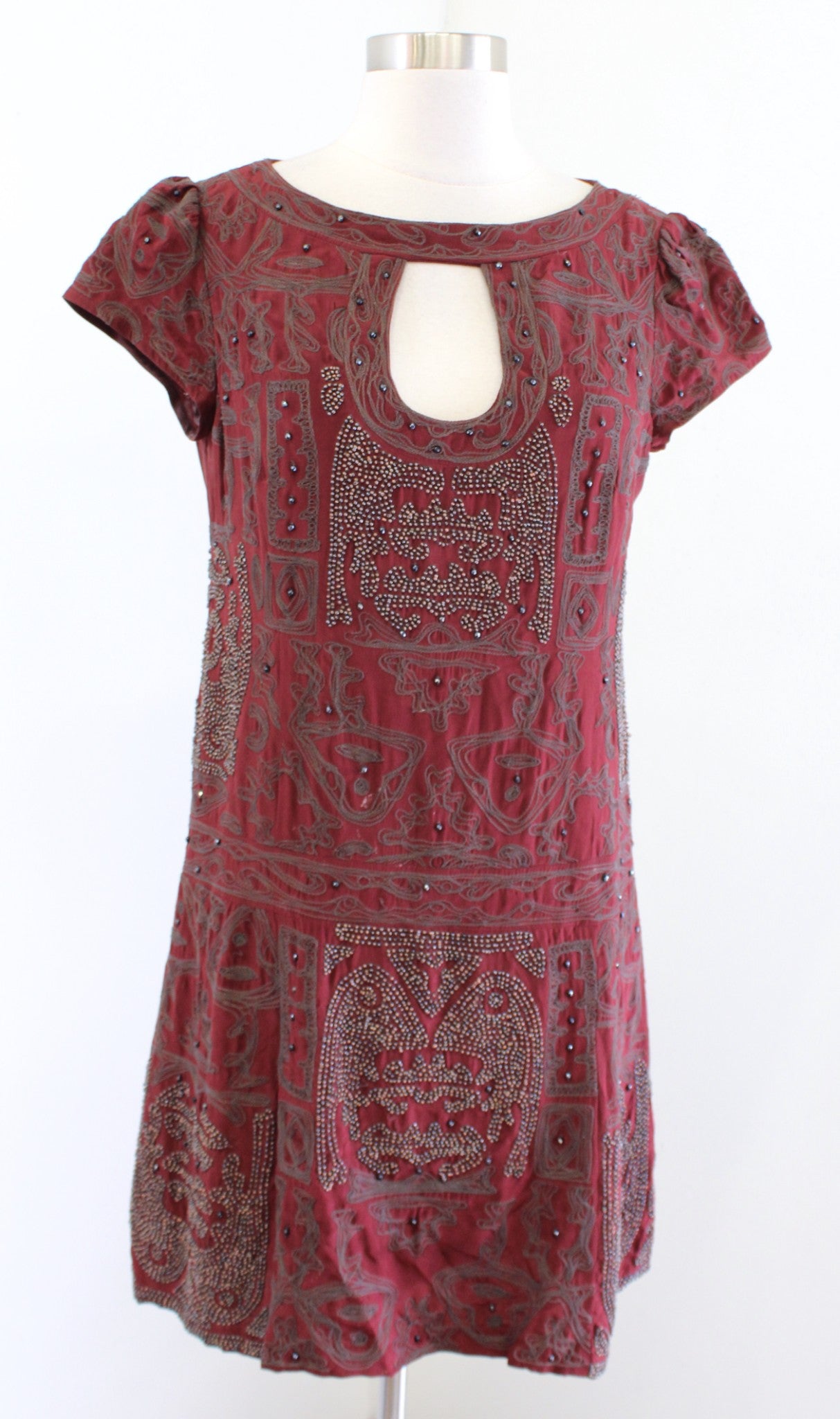 Nanette Lepore Red Embroidered Beaded Embellished Silk Shift Dress Keyhole Sz 6