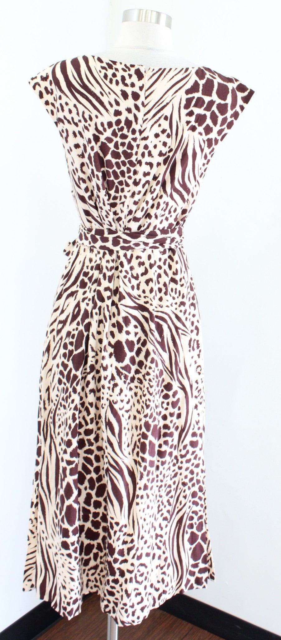 Ann Taylor Beige Brown Mixed Animal Print Tie Waist Midi Dress Size 6 Cheetah