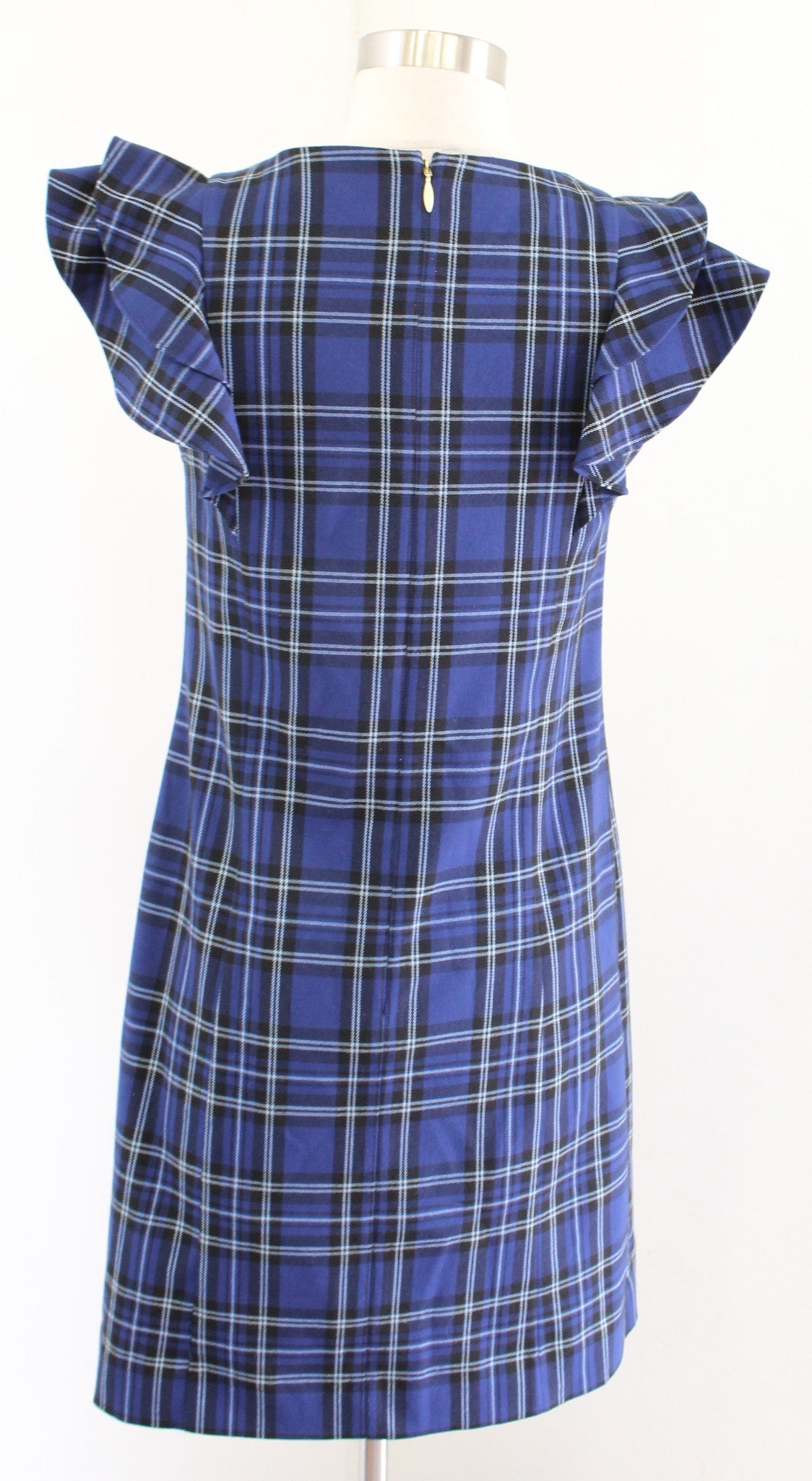 Draper James Blue Black White Plaid V Neck Ruffle Flutter Sleeve Shift Dress 2